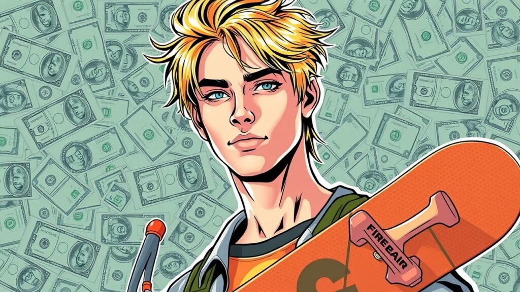 Tanner Fox's net worth, money background, skateboard in his hands, portrait