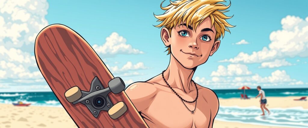 Tanner Fox on a beach with his skateboard