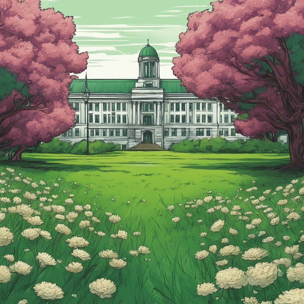 Ethan Hawke's university, building in the distance, green fields with pink trees
