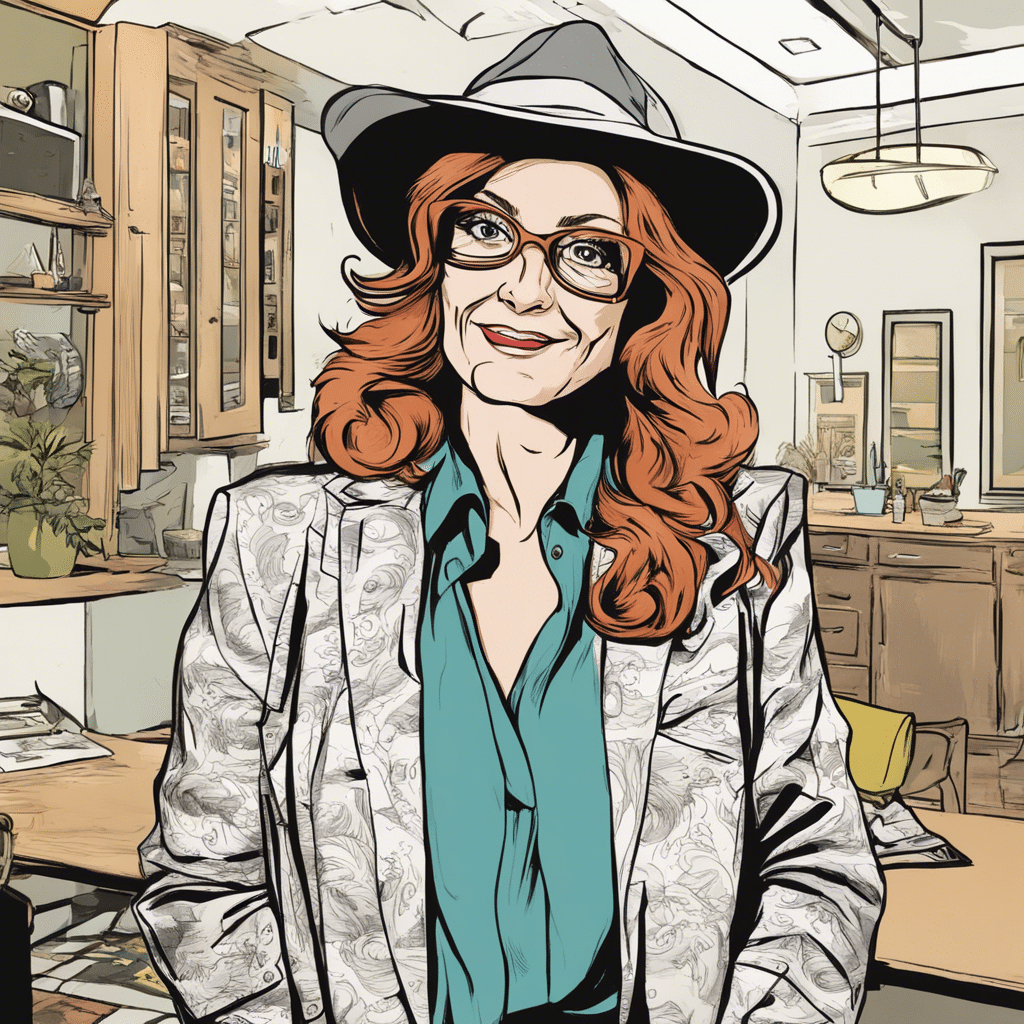 Riley Roberts's mother, salesperson in arizona, in a house, hearing grey jacket and hat, ginger hair and orange glasses
