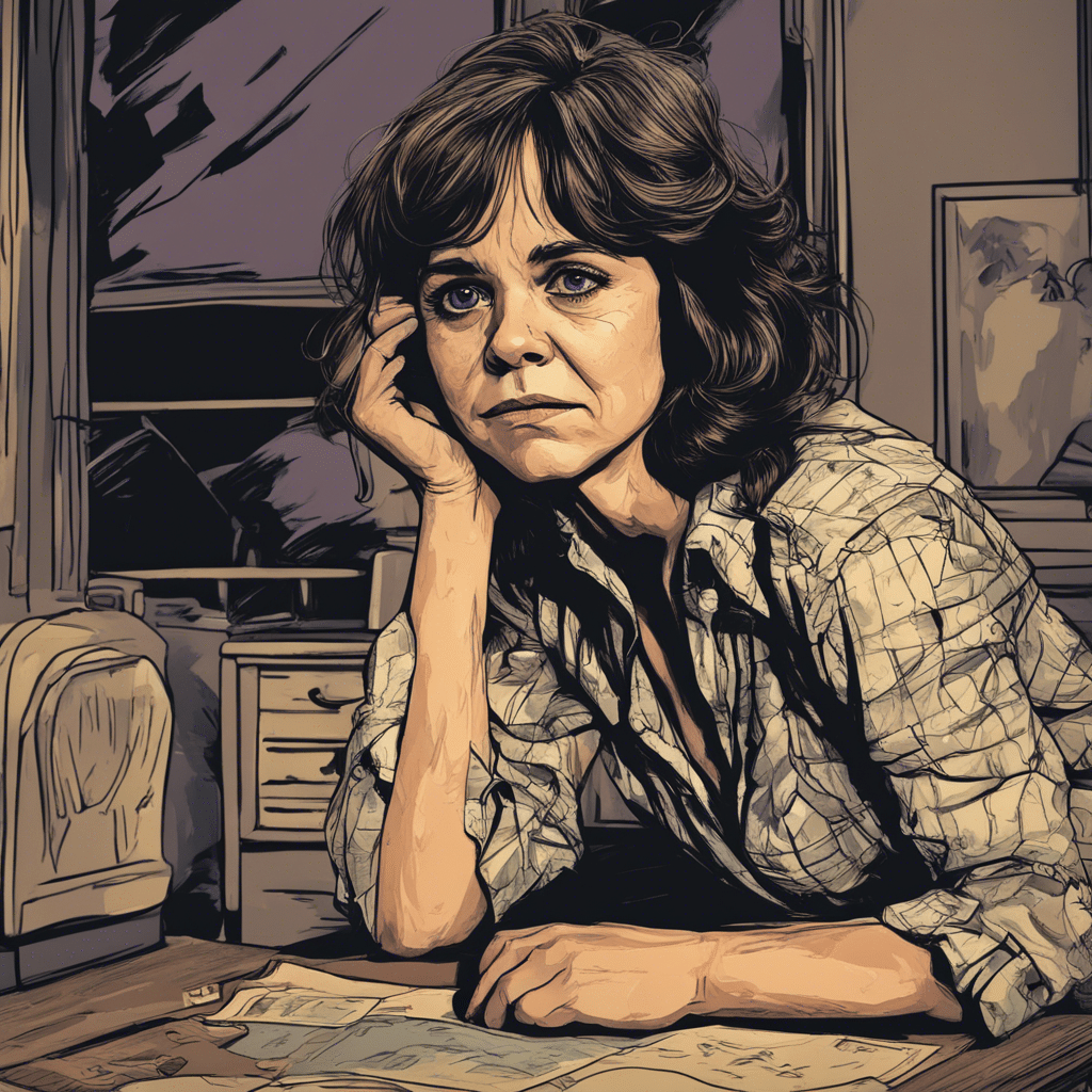 Sally Field in a drama movie "Sybil" in a gloomy house, feeling sad, head on her hand