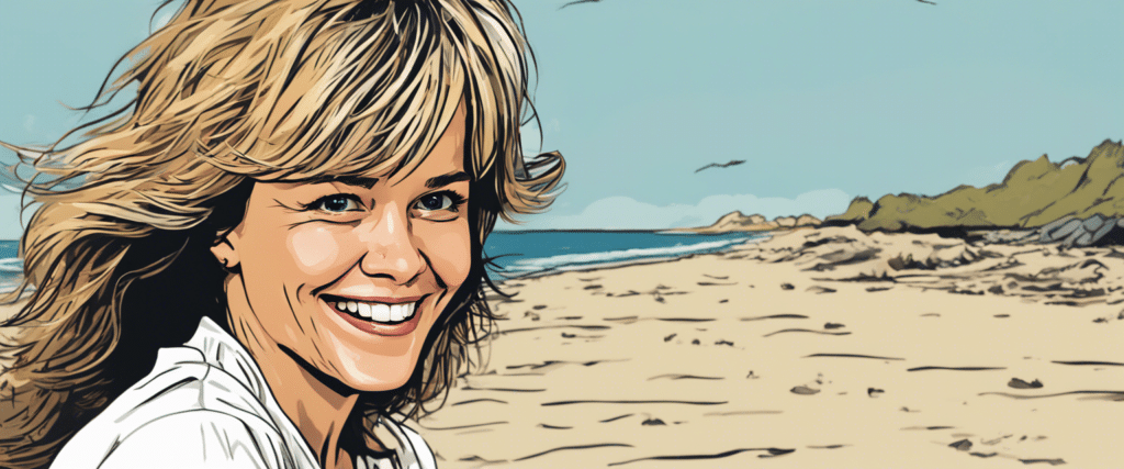 Young and blonde Sally Field on a beach during the shooting of TV sitcom "gidget"
